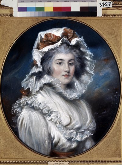 帽子をかぶった若い女性の肖像 (帽子をかぶった少女の肖像)。 ジョン ラッセル (1745-1806) によるデッサン。 紙にパステル、18世紀後半。 18世紀イギリスの芸術。 エルミタージュ美術館、サンクトペテルブルク。 作： John Russel