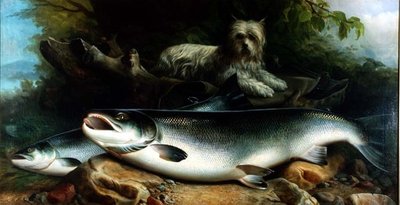 その日の獲物を守る、スカイ・テリアとコック＆ヘン・サーモン 作： John Russell
