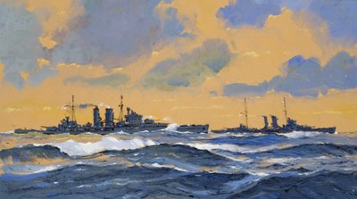 イギリスの巡洋艦HMSエクセターとHMSヨーク（紙にグワッシュ） 作： ジョン・S・スミス