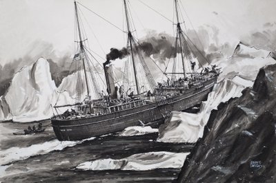 氷を突き破って北極点を目指すルーズベルト号（紙にガッシュ） 作： ジョン・S・スミス