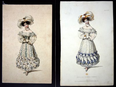 ファッション・プレートのスケッチとプリント、1829年頃（紙に鉛筆と水彩、手彩色のエングレーヴィング） 作： John Samuel Agar