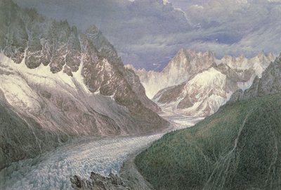 19世紀の左側のエギーユデュモワンと右側の遠方にあるグランジョラスのあるメルドグラスの景色 作： John Scandrett Harford
