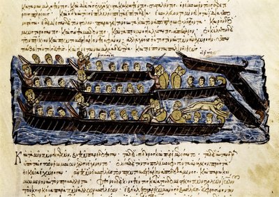 ロシア艦隊、「Synopsis historiarum」のミニチュア、c.1126-1150 作： John Scylitzes