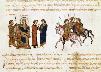 ビザンチン皇帝レオン 5 世アルメニア人 (775-820) の戴冠式、「Synopsis historiarum」のミニチュア、c.1126-1150 作： John Scylitzes
