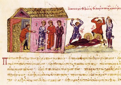 修道士聖テオファネス・ザ・コンフェッサー（c.759-818）と聖セオドア・ザ・スタディテ（759-826）は、皇帝テオフィルの命令で鞭打ち、「Synopsis historiarum」のミニチュア、c.1126-1150 作： John Scylitzes