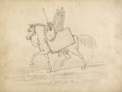 アーティストの道具を積んだ馬が左に歩いている（紙にグラファイト） 作： John Sell Cotman
