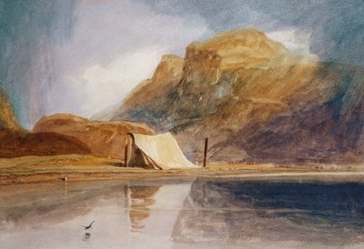 海岸にテントが張られた山岳湖 作： John Sell Cotman