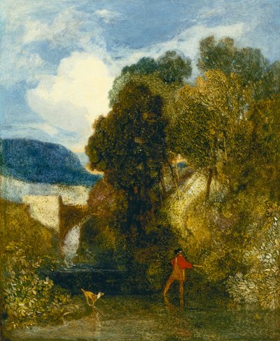 釣り人と彼の犬のいる川の風景（キャンバスに油彩） 作： John Sell Cotman