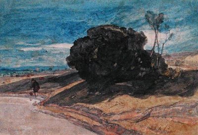 樹木のそばの川岸にいる釣り人（水彩・紙） 作： John Sell Cotman