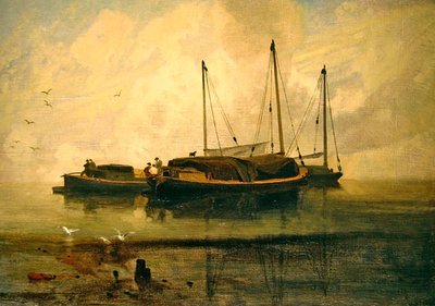 Boats at Anchor, Bladon Water, Norfolk (油彩・キャンバス) 作： John Sell Cotman