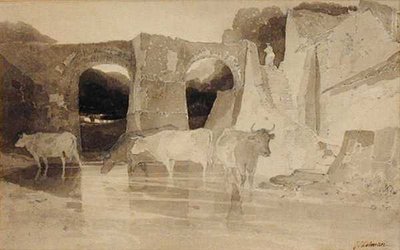 橋と牛」（紙にペン、インク、ウォッシュ） 作： John Sell Cotman