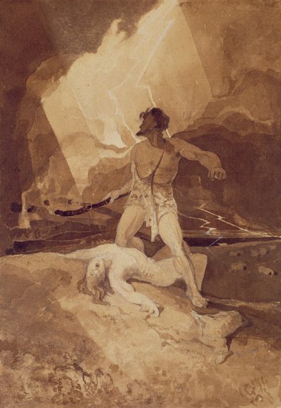 カインとアベル、1800-03（黒鉛の上にセピア色で洗う） 作： John Sell Cotman