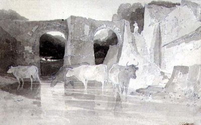 川の中の牛」（ペン＆インク、ウォッシュ）、紙 作： John Sell Cotman