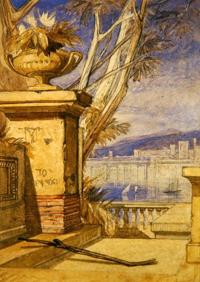 壷のある古典的な風景：フロントピースのデザイン（鉛筆・水彩・紙） 作： John Sell Cotman