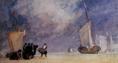 干潮時に船を降ろす岸辺の人々」（紙にペン・茶インク・水彩） 作： John Sell Cotman