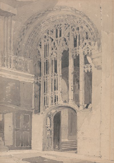 ノリッチ大聖堂の内部：南側廊と長老廊の間の扉とスクリーン 作： John Sell Cotman
