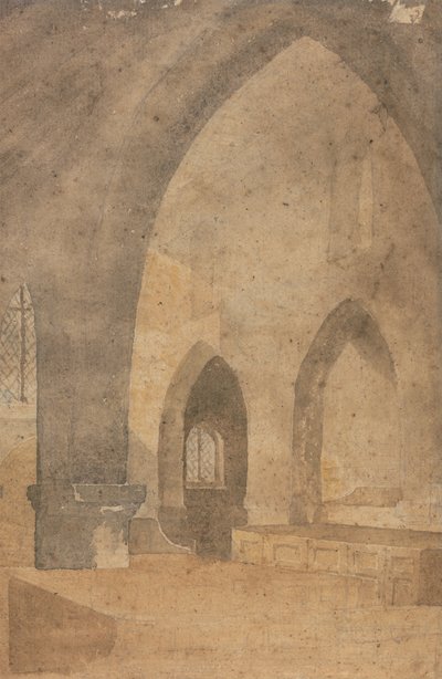 教会内部、南側通路から西を見る 作： John Sell Cotman