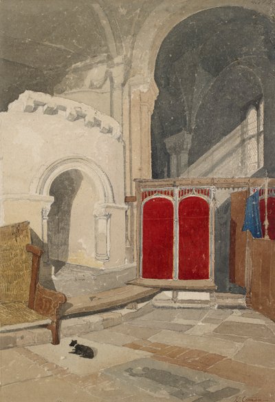 ノリッチ大聖堂のアプスの東側アンビュラトリーの内部、19世紀初頭 作： John Sell Cotman