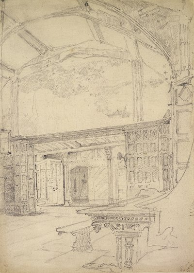 グレートホール、リトルモートンホール、チェシャーのインテリア 作： John Sell Cotman