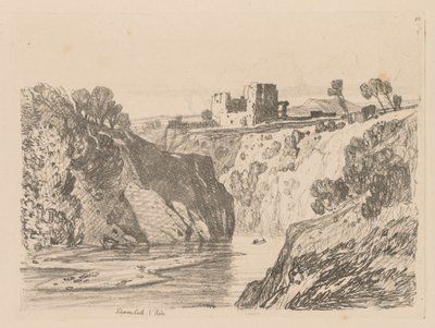Liber Studiorum：プレート27、キルガレン城、北ウェールズ、1838。 作： John Sell Cotman