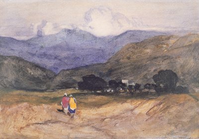 人物のいる山の風景」（水彩・ガッシュ・紙 作： John Sell Cotman