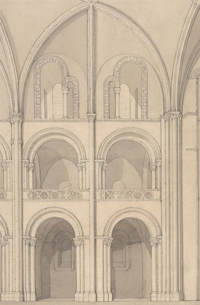 ノルマンディー、カーンにある聖ステファン修道院教会の一部の透視図 作： John Sell Cotman
