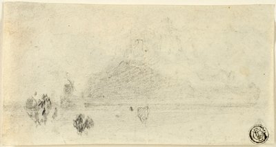 モン・サン・ミッシェルのスケッチ（直腸）; 水辺の建物 (裏面) 作： John Sell Cotman