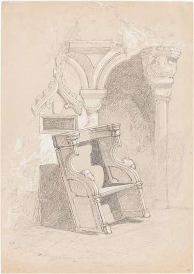 椅子のある荒廃した教会内部のスケッチ 作： John Sell Cotman
