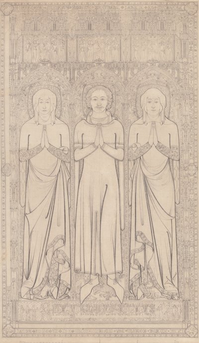 1364年、ノーフォーク州リンの聖マーガレット教会にあるロバート・ブラウンチェとその2人の妻の埋葬用黄銅像 作： John Sell Cotman