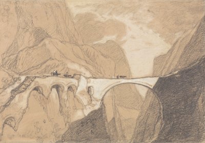 アルプスの峡谷に架かる橋を渡る旅行者 作： John Sell Cotman