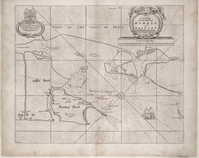 ボンベイとサルセットの地図（東インド会社の水路図官、サミュエル・ソーントン作、1685年頃初版発行 作： John Seller