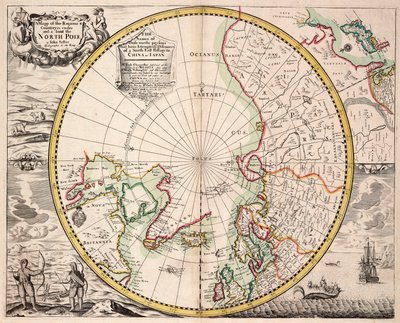 北極圏が描かれた北極投影図、1680年頃（彩色済みエングレーヴィング） 作： John Seller