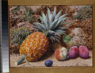 苔むした銀行のパイナップル、ピーチ、プラム 作： John Sherrin