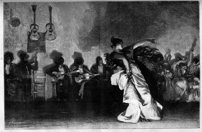 El Jaleo - ジプシーの踊り。ギタリストとフラメンコの踊り子。ジョン・シンガー・サージェント（1856-1925）による絵画の後のエングレーヴィング（10月28日付「The Illustrous World」n°1335 作： John Singer (after) Sargent