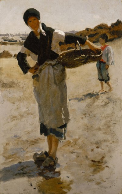 かごを持つブルトンの女性、カンカルのカキ採集者のためのスケッチ 作： John Singer Sargent