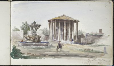 人物のいる風景、Templum Vestas、ローマ、1869年4月9日（オフホワイトの網目紙のグラファイト上の水彩画） 作： John Singer Sargent