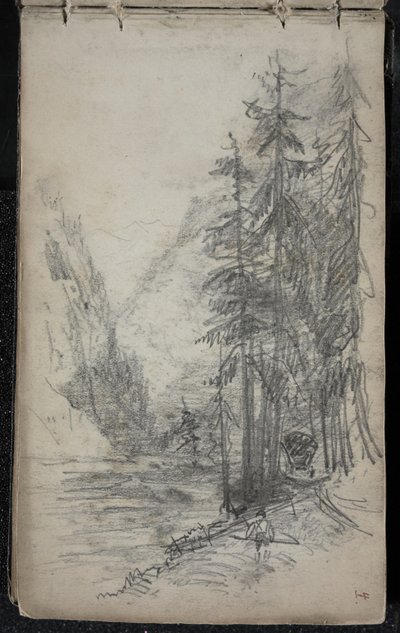 木々のある山の風景、1871-72年（暗くオフホワイトの紙の上に黒鉛を塗ったもの） 作： John Singer Sargent