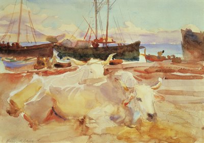 バイアのビーチでの牛、1908年頃（紙にトイレ） 作： John Singer Sargent