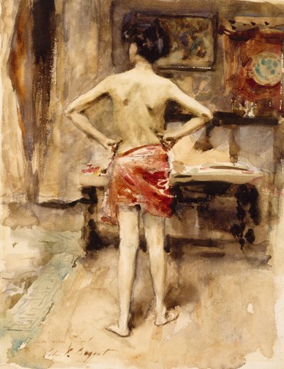 モデル、1876年（織紙上のグラファイト鉛筆の上にトイレ） 作： John Singer Sargent