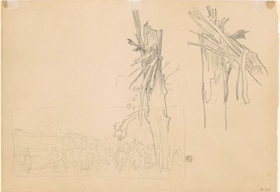 2 本の粉々 になった木、および道路の研究 [裏面]、1918 年。 作： John Singer Sargent