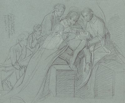 チャタム伯爵の中央グループのための調査（黒いチョーク、青い紙に白で強調） 作： John Singleton Copley