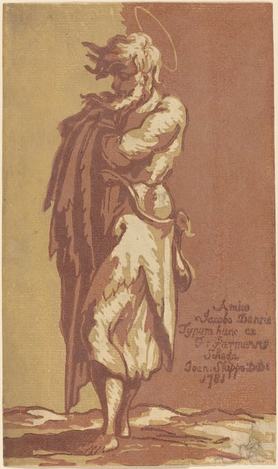 男性の聖人が立っている、腕を組んで、左を向いている 作： John Skippe after Parmigianino