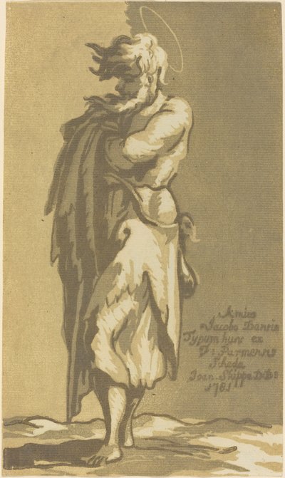 男性の聖人が立っている、腕を組んで、左を向いている 作： John Skippe after Parmigianino