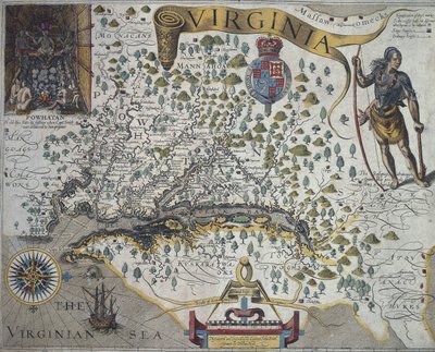 バージニア州の地図: ジョン・スミス (1580-1631) 作のインディアン酋長ポウハタンの小屋の内部を示す差し込み図 (左上) 作： John Smith