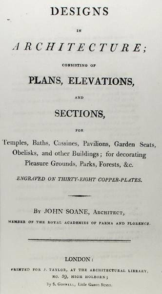 1797年に出版された「Designs in Architecture, Consisting of Plans, Elevations and Sections」の表紙（彫刻）。 作： John Soane