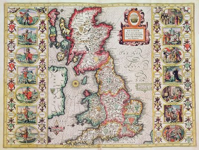 イギリスのサクソン人のタイムで特にヘプタキアの間に分割されたイギリス（手彩色の銅版画） 作： John Speed