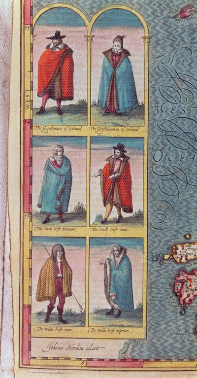 アイルランドの「タイプ」、アイルランドの王国からの詳細、ジョドカスホンディウス（1563-1612）によって刻まれた、「英国帝国の劇場」パブから。ジョン・サドベリーとジョージ・ハンブル、1610年 作： John Speed