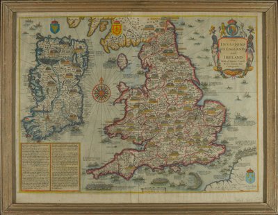 イングランドとアイルランドの侵略を描いた地図、アル[原文のまま]征服以来のシビル戦争[1627年]、c.1627（手描きの彫刻） 作： John Speed