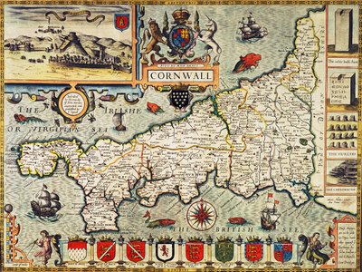 パブ「イギリス帝国の劇場」からコーンウォールの地図。ジョージハンブルによるロンドンでの1627年版（手描きの彫刻） 作： John Speed