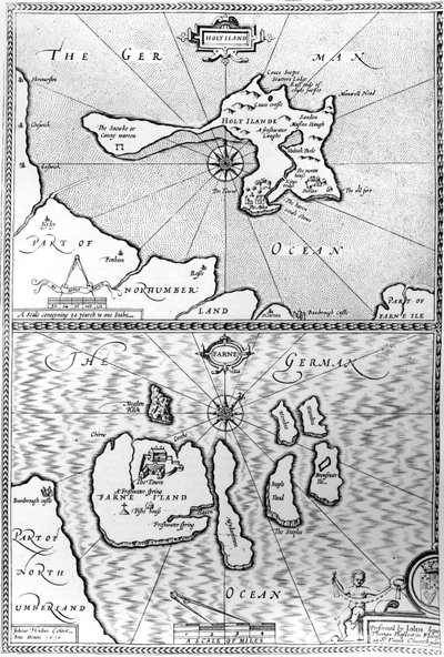 ジョンスピードの「イギリス帝国劇場」からのノーサンバーランドのホーリー島とファーン島の地図、1676年 作： John Speed